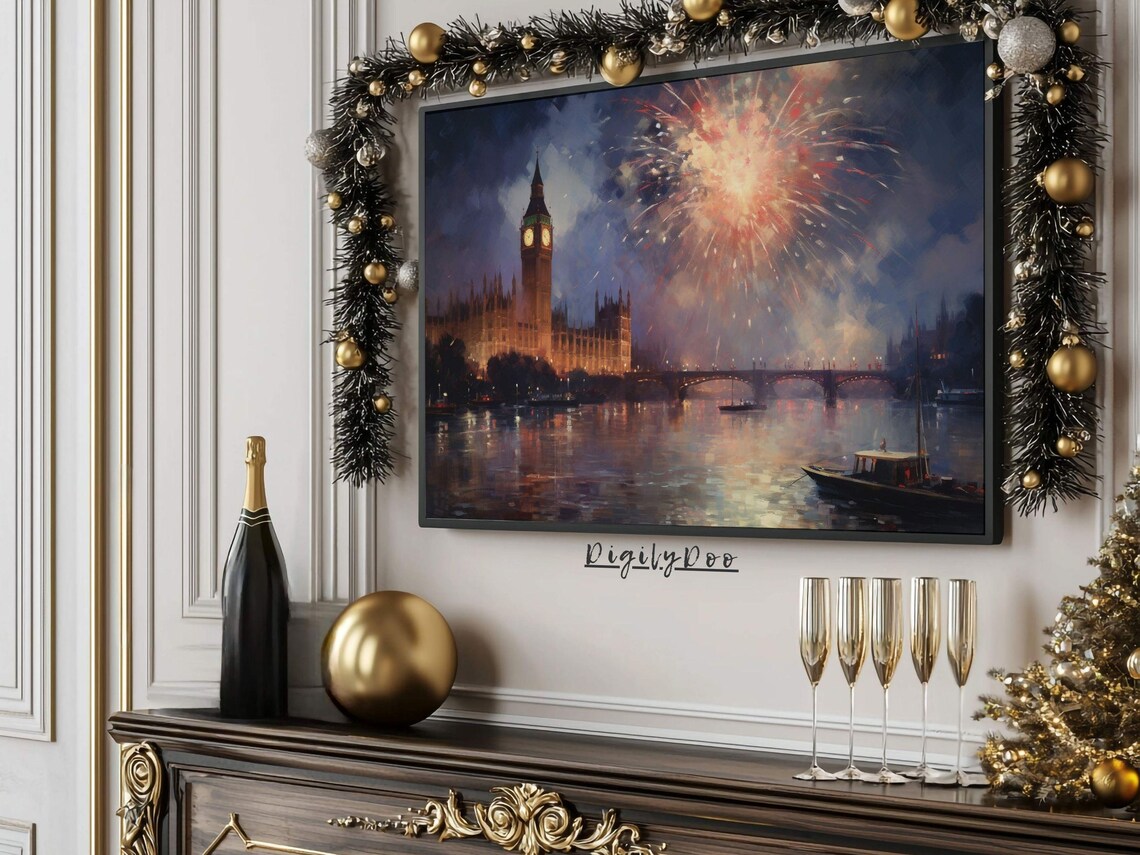 Vintage London Fireworks New Year 2025 Travel Poster - Image 3