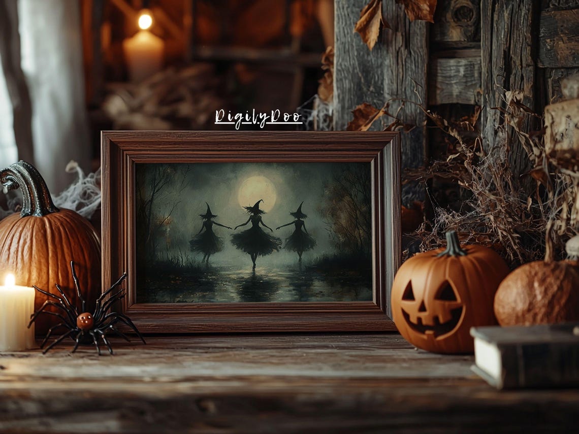 Three Witch Silhouettes Dancing Under Full Moon Lake Night Poster - Image 2