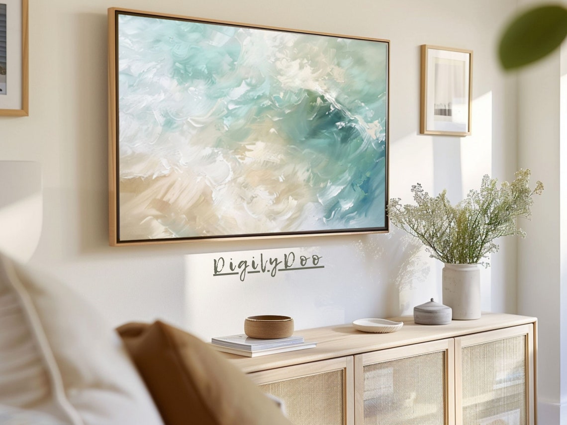 Teal Blue Ocean Waves Abstract Coastal Swirl Painting Wall Art - Image 3