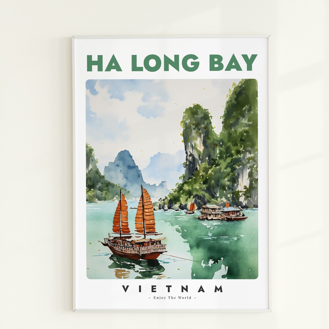 Ha Long Bay Vietnam Junk Boat Karst Cliffs Watercolor Travel Poster