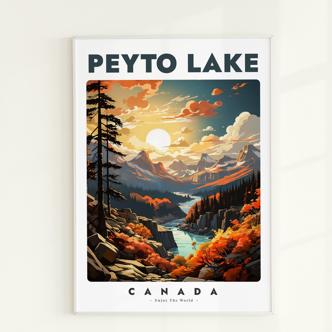 Peyto Lake Canada Turquoise Sunset Autumn Peaks Vintage Travel Poster