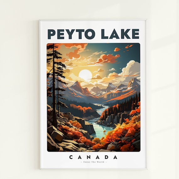 Peyto Lake Canada Turquoise Sunset Autumn Peaks Vintage Travel Poster