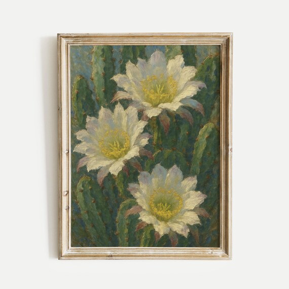 White Cactus Flowers Blooming Vintage Botanical Oil Painting Poster