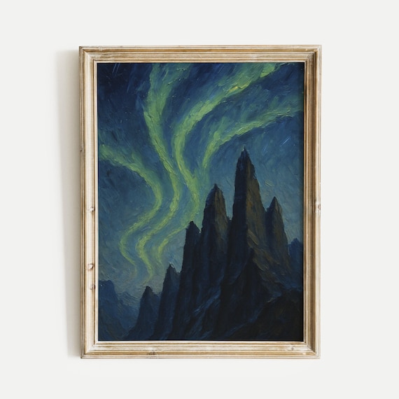 Northern Lights Aurora Over Mountain Peaks Oil Painting Poster