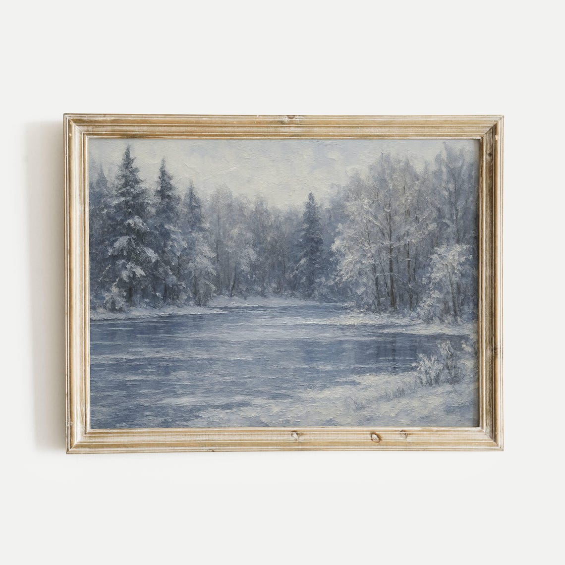Frozen Lake Snow Dusted Winter Forest Serene Oil Painting Poster