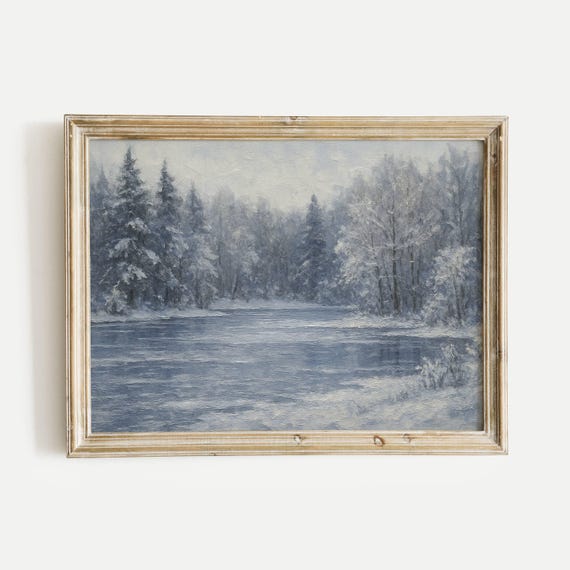 Frozen Lake With Snow Dusted Forest Oil Painting Print Vintage Nature Wall Art Home Office Living Room Bedroom Decor