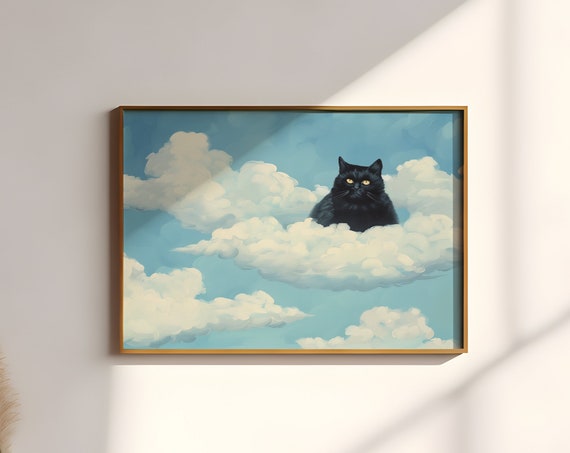 Black Cat Peeking Through Blue Cloudy Sky Whimsical Feline Art Print
