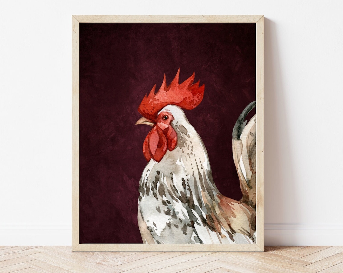 Rooster Watercolor Burgundy Rustic Farmhouse Animal Wall Art