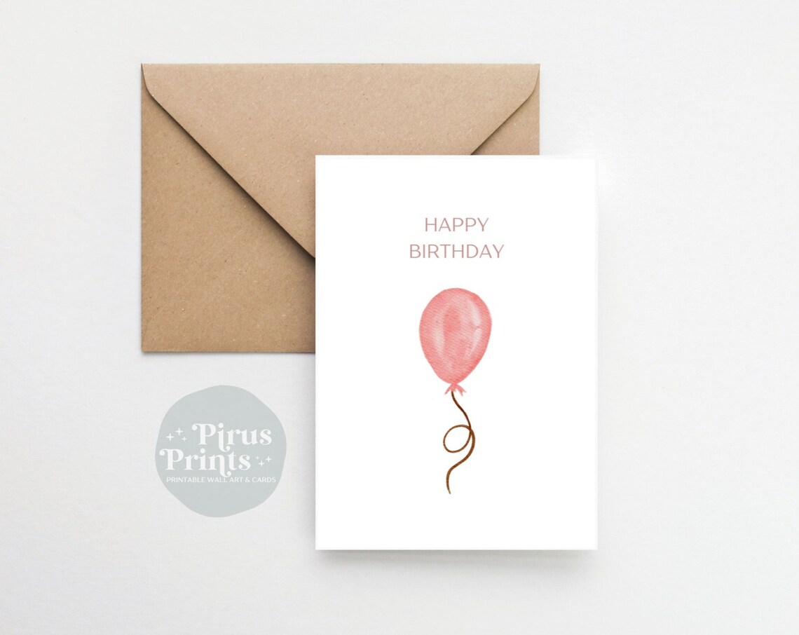 Birthday Card Minimal Watercolor Pink Balloon