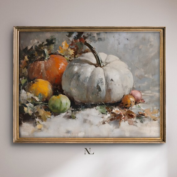White Pumpkin With Orange Pumpkins And Autumn Leaves Still Life Poster
