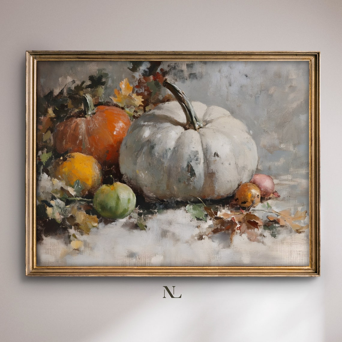 White Pumpkin With Orange Pumpkins And Autumn Leaves Still Life Poster