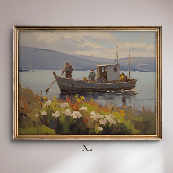 Fishing Boat Crew Wildflower Shore Mountain Lake Painting Poster