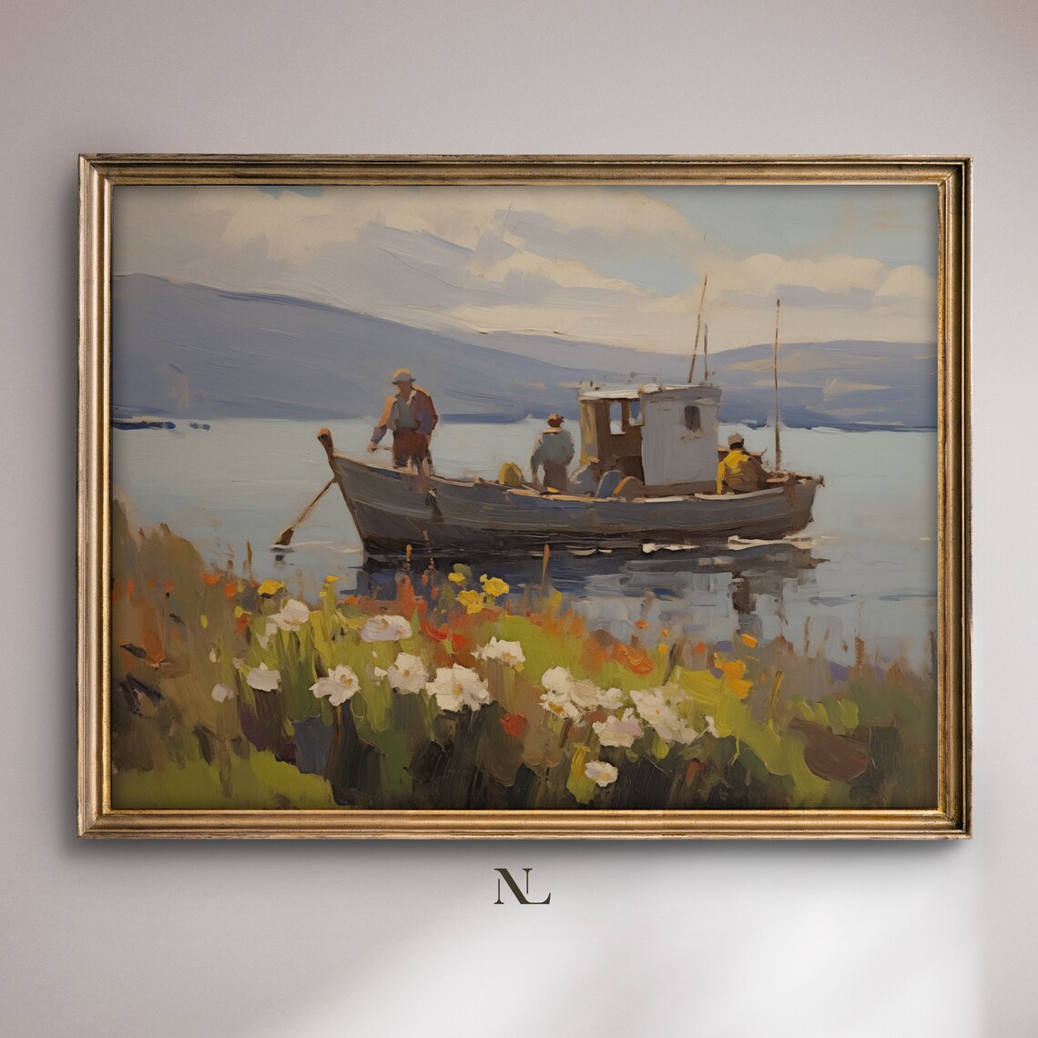 Fishing Boat Crew Wildflower Shore Mountain Lake Painting Poster