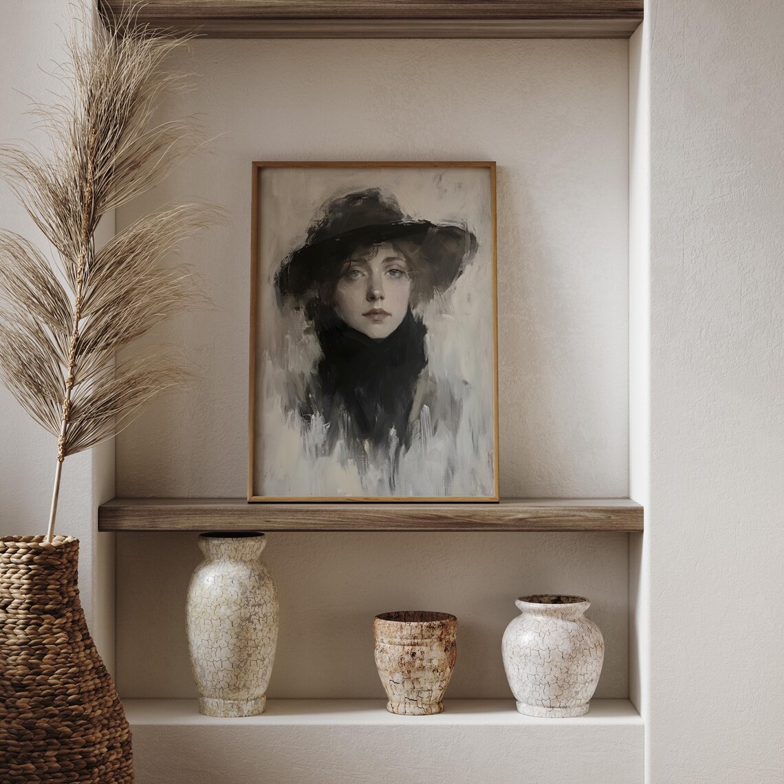 Woman In Black Hat Moody Monochrome Impressionist Portrait Poster - Image 6