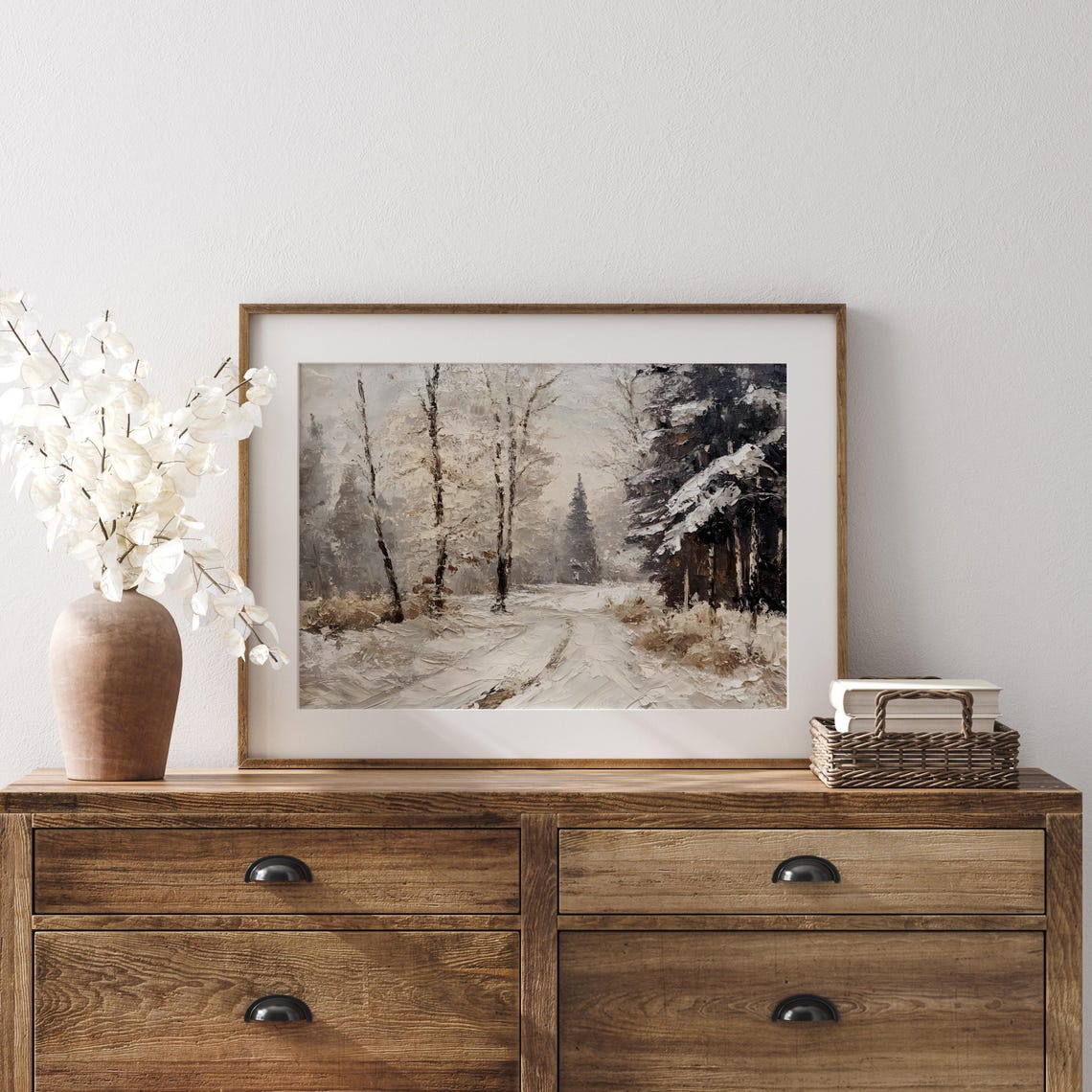 Snowy Forest Path With Birch Trees Winter Oil Painting Style Poster - Image 2