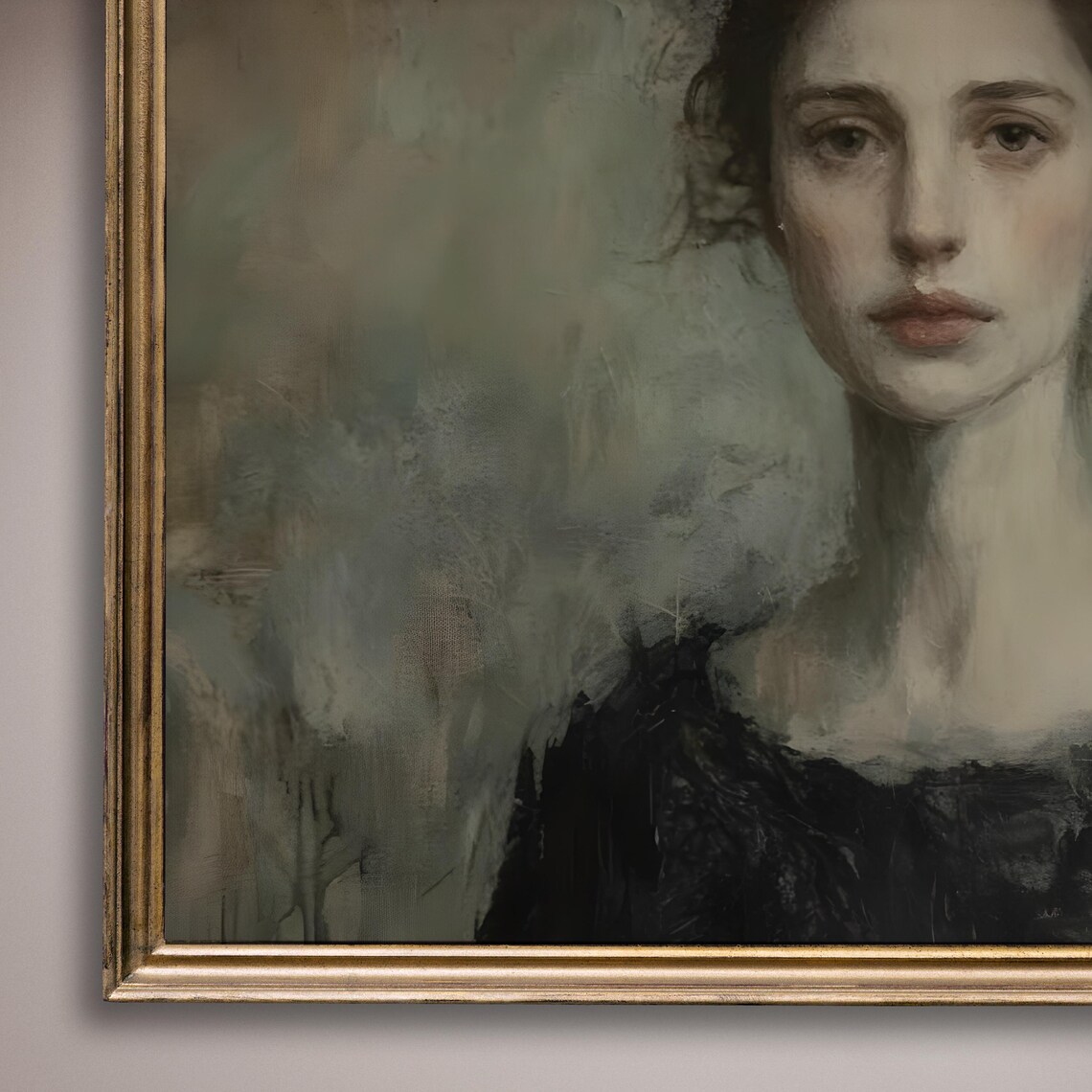Moody Woman Portrait Dark Dress Soft Gaze Vintage Oil Poster - Image 8