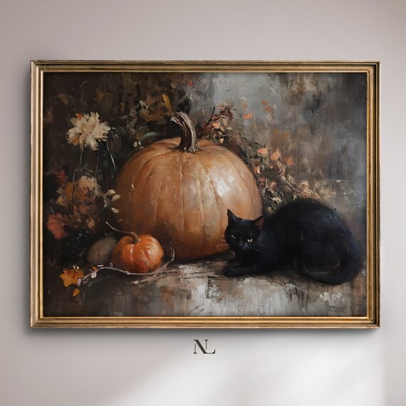 Black Cat With Pumpkins And Autumn Flowers Fall Still Life Poster