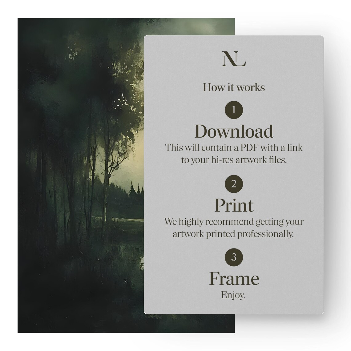 Dark Moody Forest Lake Moonlit Dusk Landscape Painting Poster - Image 3