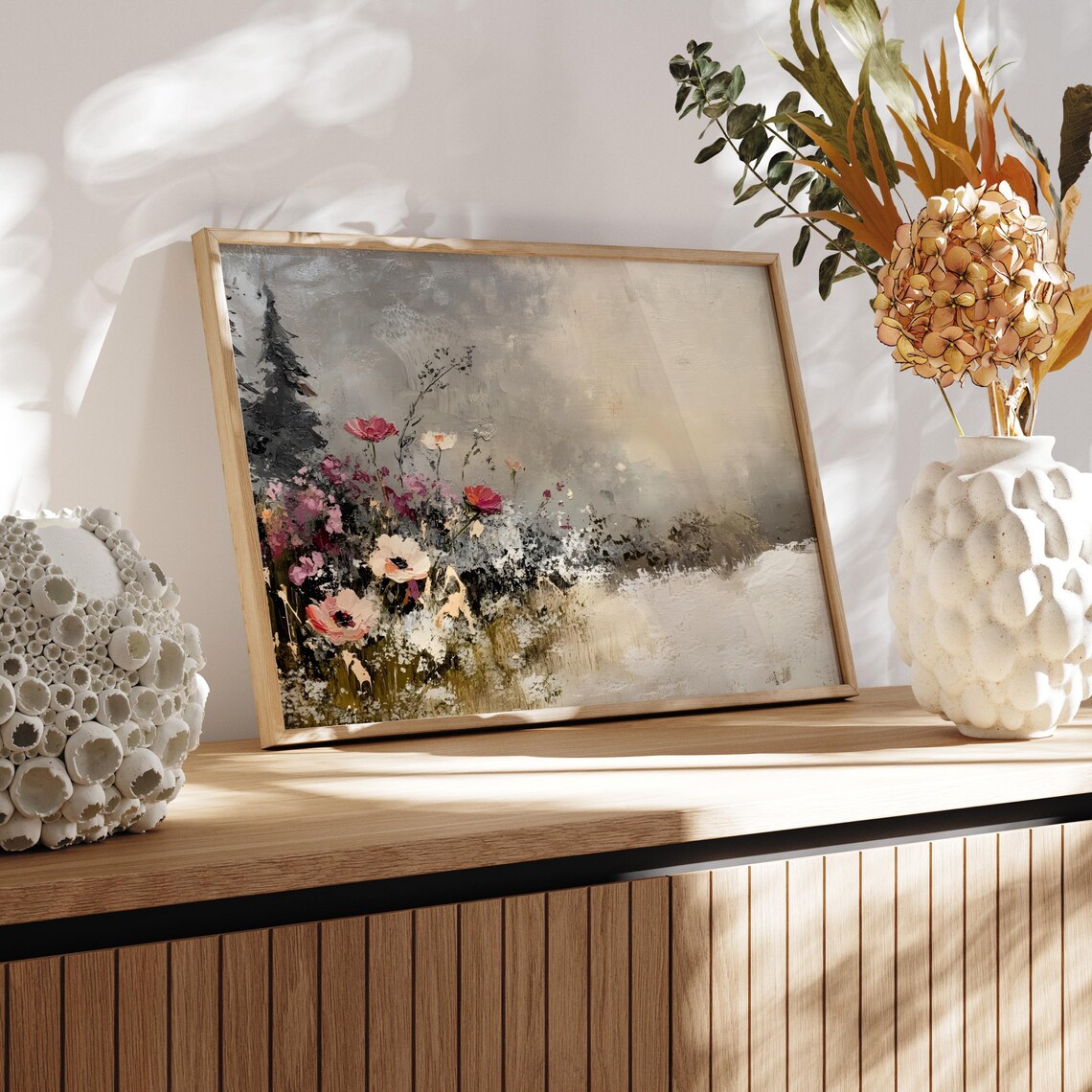 Pink And White Wildflowers With Pine Trees Winter Meadow Poster - Image 3