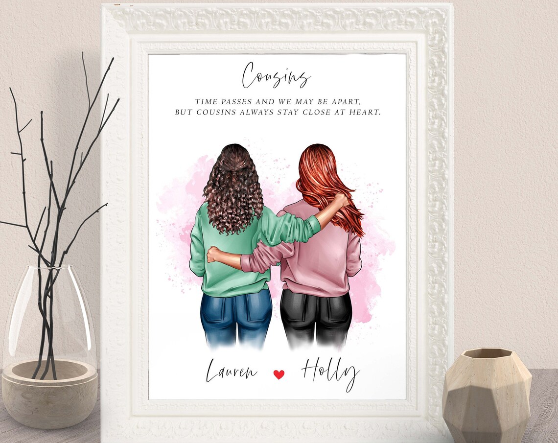 Custom Cousins Portrait Wall Art Gift With Pink Watercolor Hearts