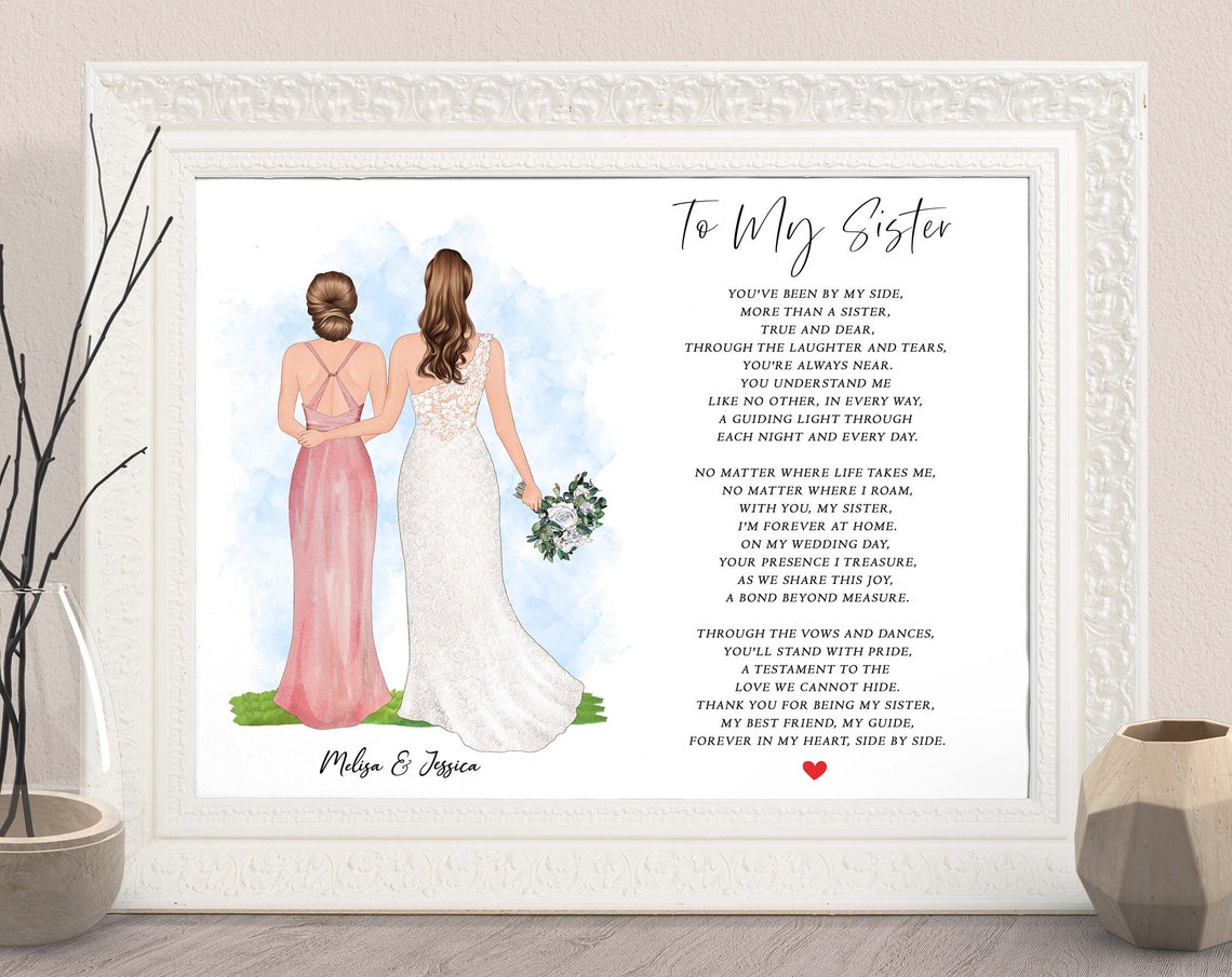 To My Sister Wedding Bride and Sister Poem Personalized Wall Art