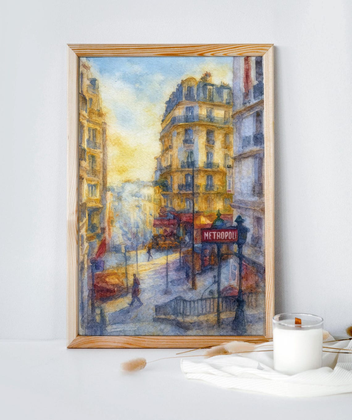 Montmartre Paris Watercolor Street Corner Red Metro Sign Print