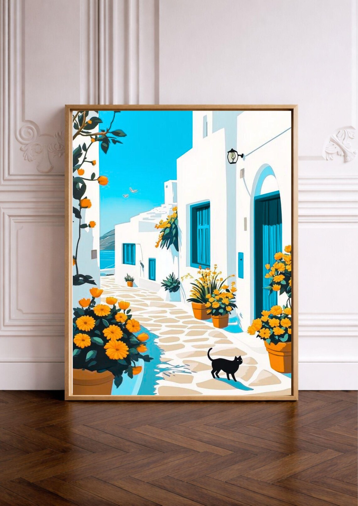Seaside Alley White Coastal Village Cat Flowers Mediterranean Art Print