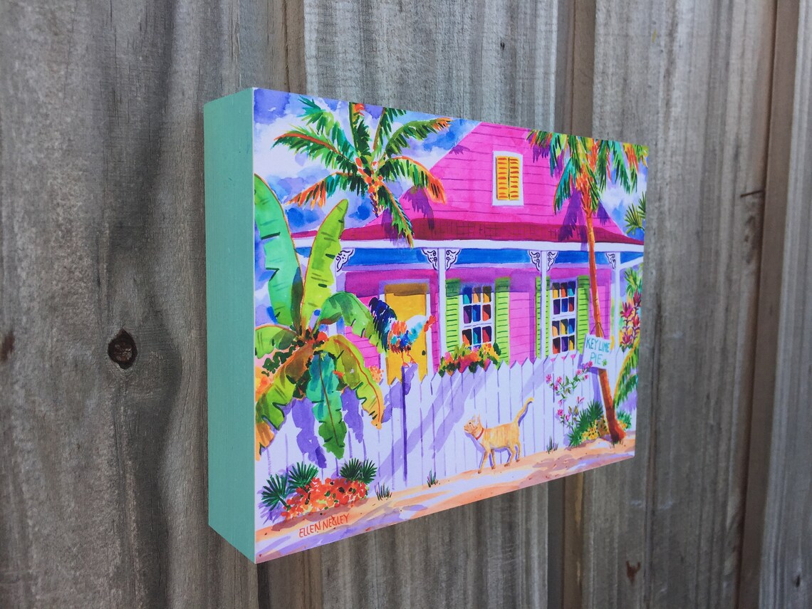 Key West Rooster and Flamingo Watercolor Art Print - Image 3