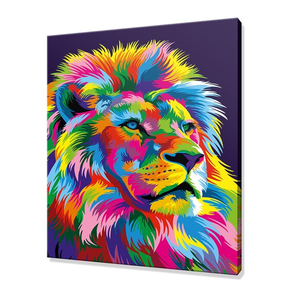 Colourful Pop Art Lion Head Rainbow Mane Purple Background Animal Poster