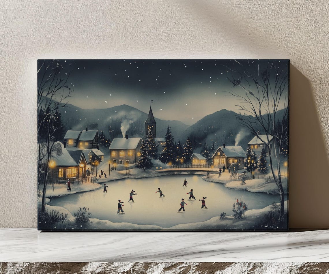 Children Ice Skating In Winter Christmas Village Vintage Painting Print Countryside Print Living Room Wall Art Farmhouse Decor Art