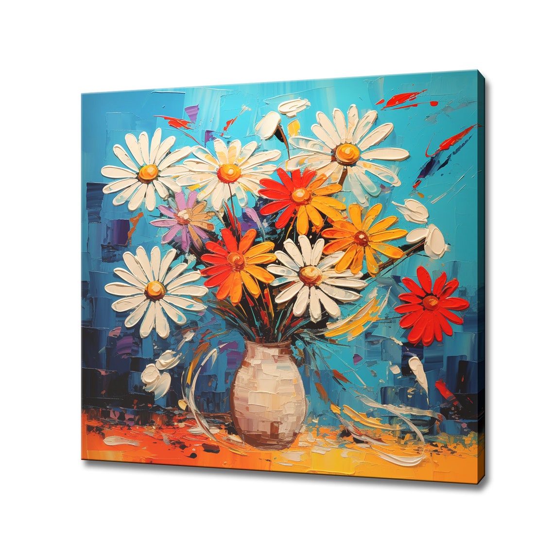 Colorful Daisies Vase Impasto Oil Painting Blue Background Poster