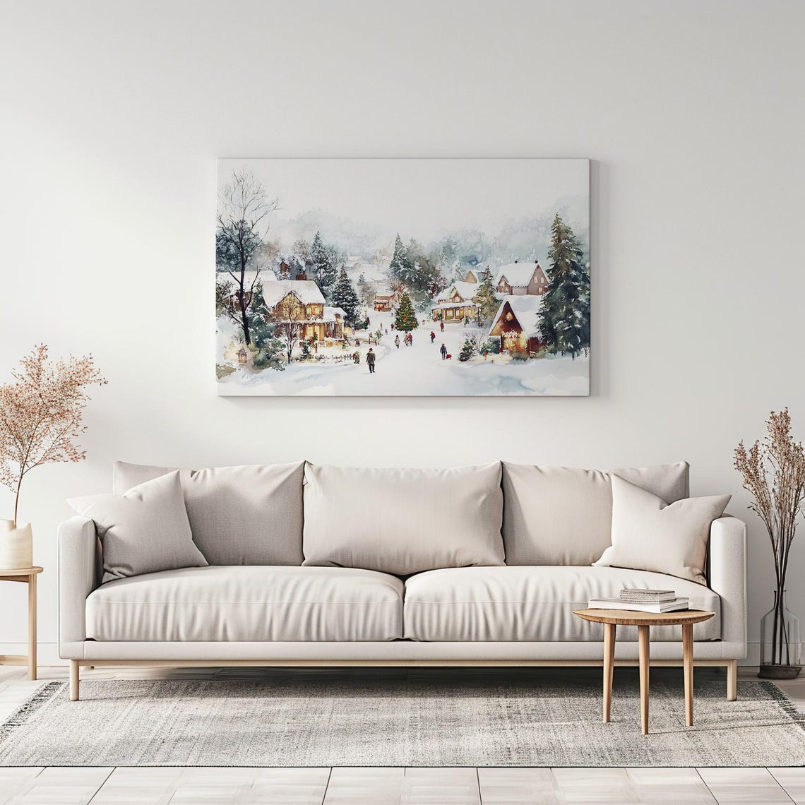 White Snowy Christmas Village Houses Vintage Painting Print Countryside Moody Print Living Room Wall Art Farmhouse Decor Art - Image 3