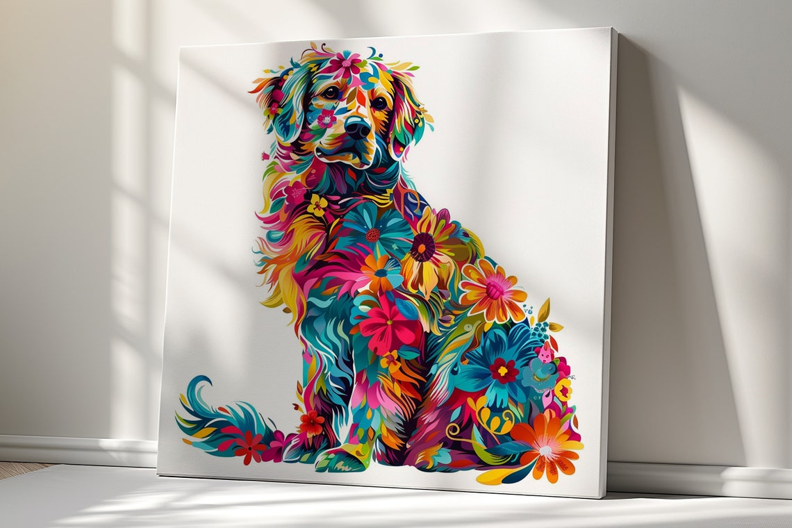 Colourful Floral Golden Retriever Sitting Dog Portrait Poster