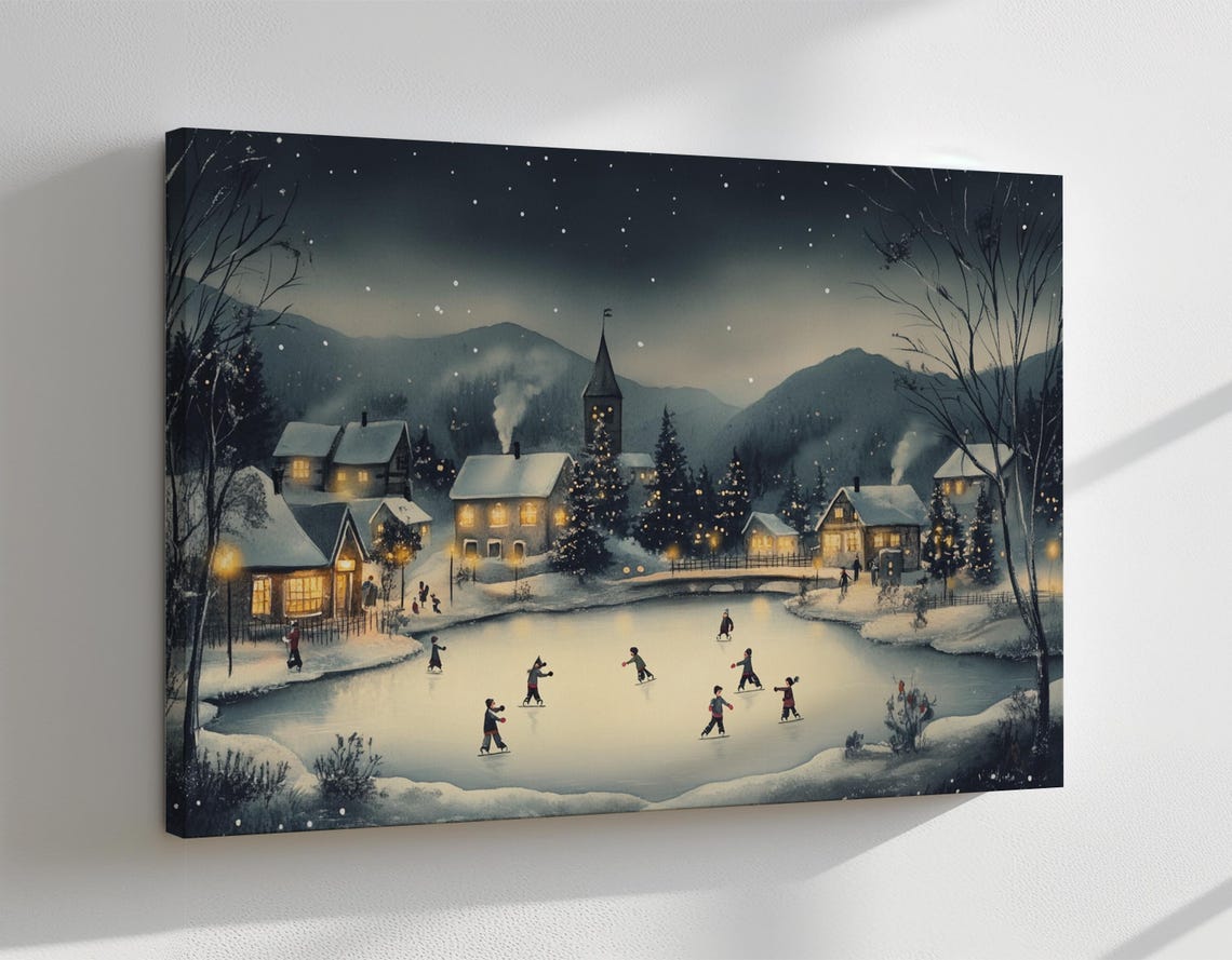 Children Ice Skating In Winter Christmas Village Vintage Painting Print Countryside Print Living Room Wall Art Farmhouse Decor Art - Image 4