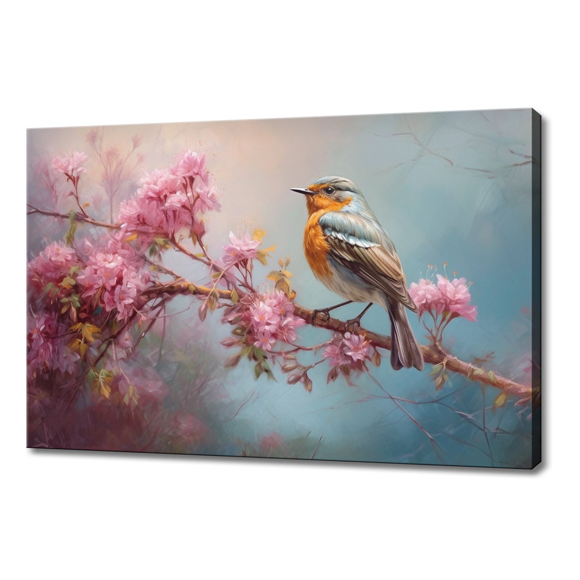 Sweet Robin Bird On Pink Blossom Branch Serene Spring Wall Poster