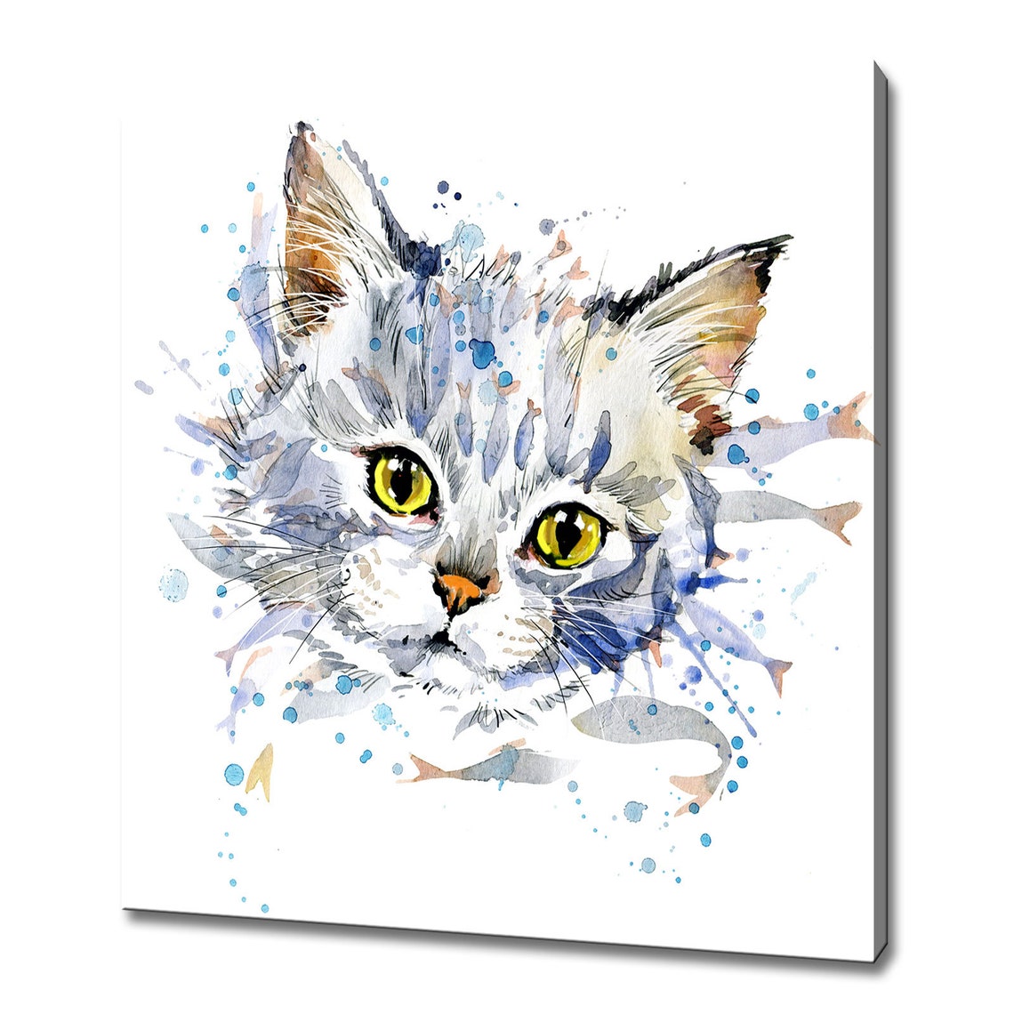 Curious Kitten Yellow Eyes Blue Watercolor Splash Fish Portrait Poster