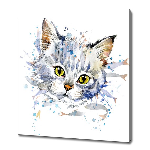 Curious Kitten Yellow Eyes Blue Watercolor Splash Fish Portrait Poster