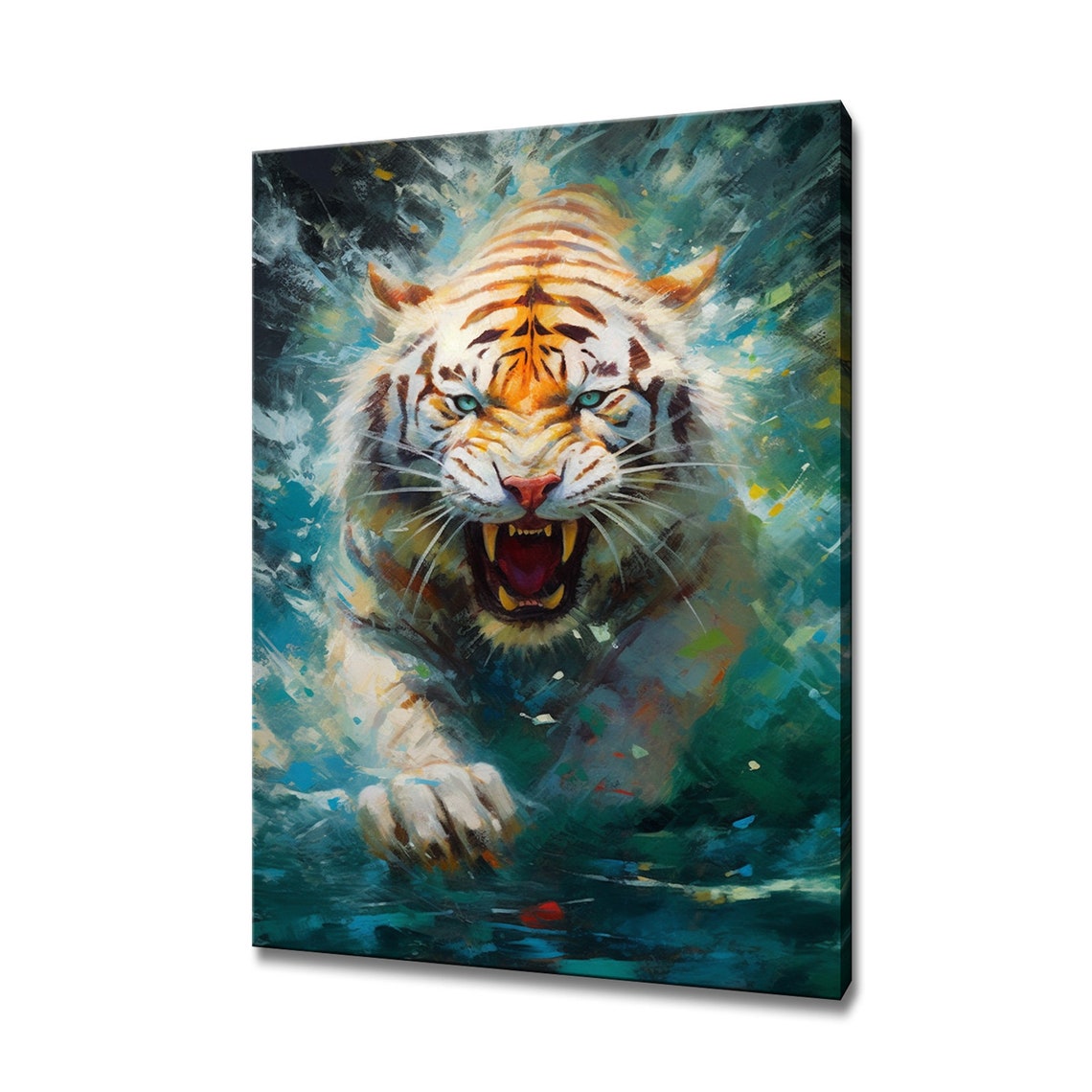 White Tiger Snarling Fierce Blue Eyes Jungle Painting Wall Art Poster