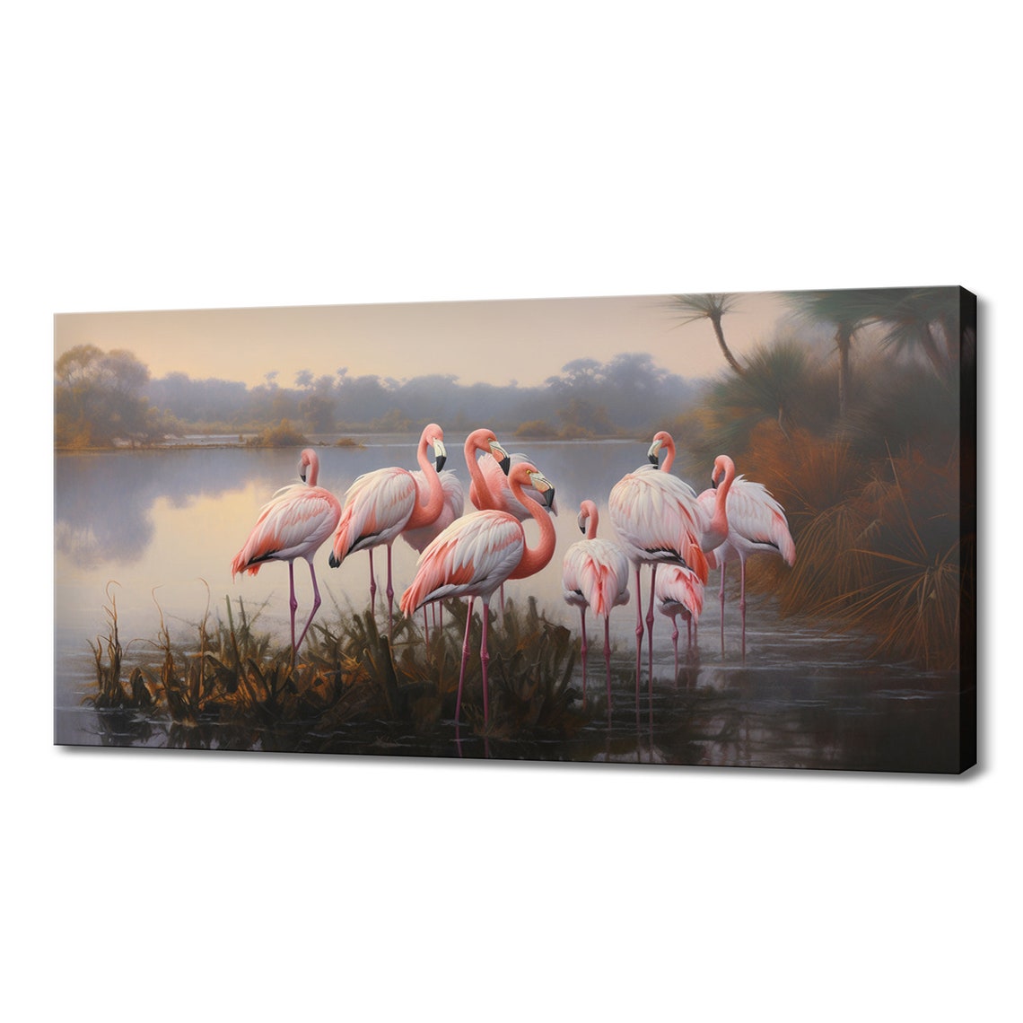 Flamingo Flock Wading At Dawn Tropical Lake Wildlife Art Bird Poster