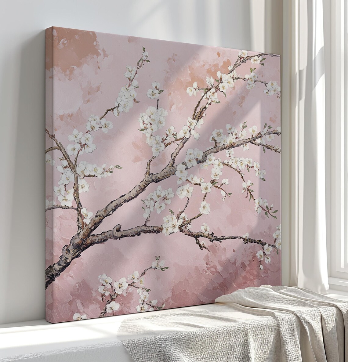 Almond Blossom Branch Pink Sky Van Gogh Style Floral Oil Painting Print - Image 2