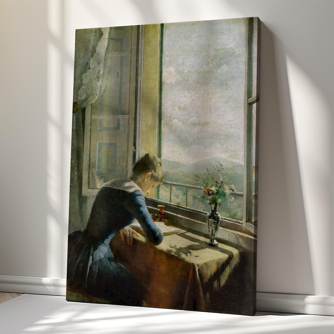 Woman Reading By Sunlit Window Classic Interior Oil Painting Reproduction Poster