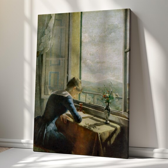 Woman Reading By Sunlit Window Classic Interior Oil Painting Reproduction Poster