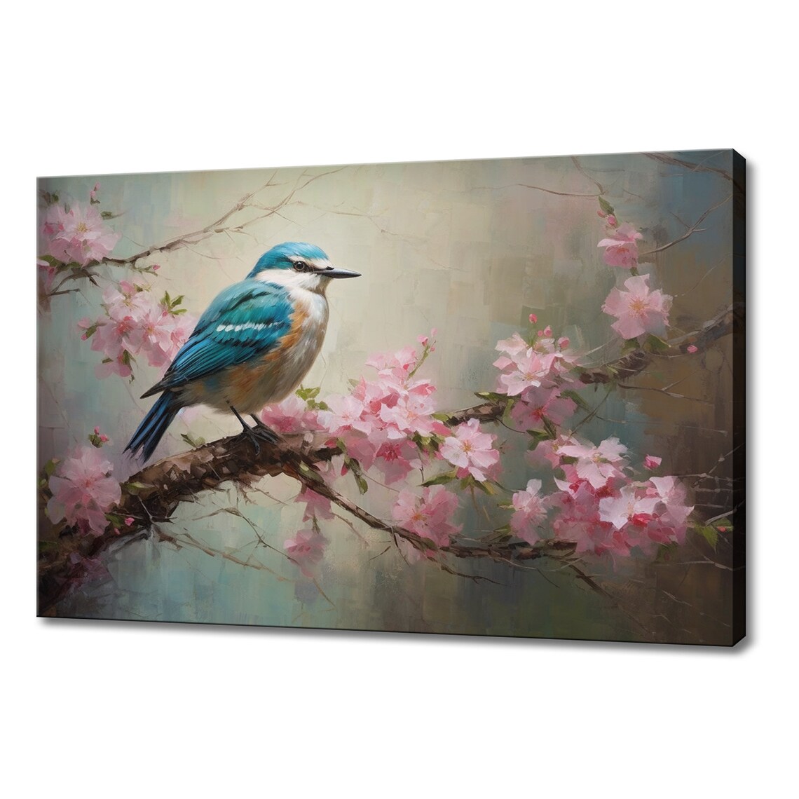 Blue White Songbird Pink Blossom Branch Spring Watercolor Art Poster