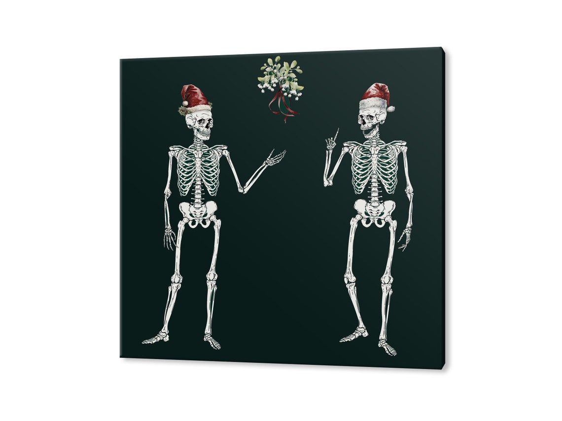 Funny Christmas Skeletons in Santa Hats with Mistletoe Gothic Wall Art