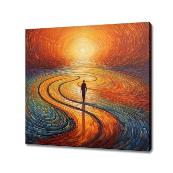 Psychedelic Abstract Landscape Walking Towards The Sunset Print Colourful Fantasy Retro Design Print Surreal Abstract Wall Art