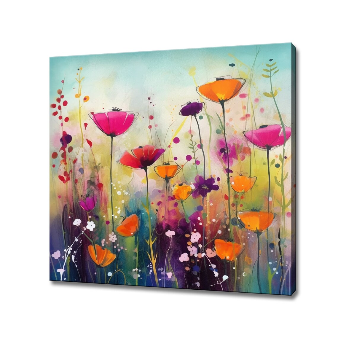 Colorful Poppies Wildflowers Teal Sky Watercolor Garden Art Poster