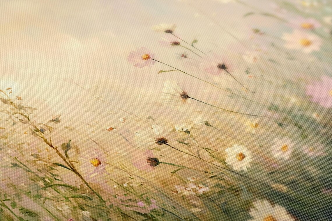 Pastel Pink White Daisy Flowers Meadow Field Vintage Painting Print Countryside Print Living Room Wall Art Farmhouse Decor Art - Image 2