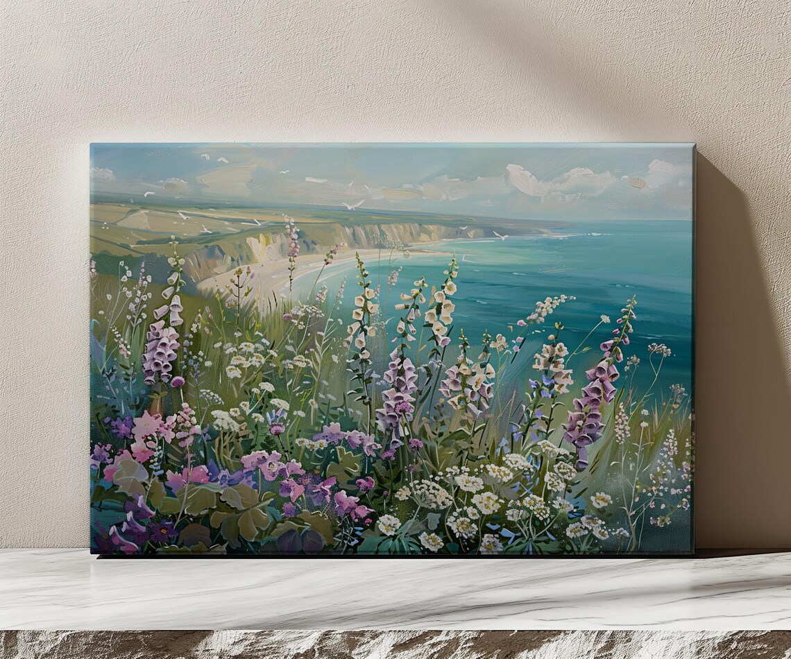 Foxgloves Wildflowers on the Cliff, Vintage Art Print