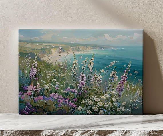 Foxgloves Wildflowers on the Cliff, Vintage Art Print