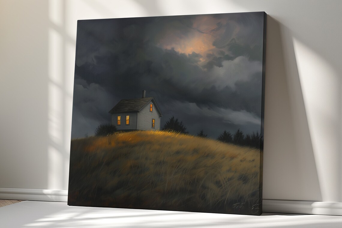 House On The Hill Night Storm Golden Field Landscape Travel Poster - Image 3